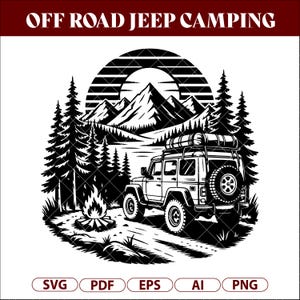 Terrängjeep Camping SVG, Vintage 4x4 Äventyrsdesign, Bergskog Lägereld SVG, Svartvit Graverad Cricut-fil