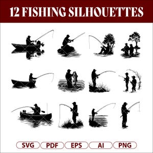 Vissen silhouet bundel SVG PNG, 12 zwarte visser clipart, boot & meer vissen gesneden bestanden, Cricut Outdoors jacht SVG Pack