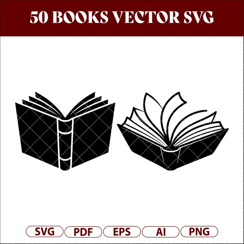 Book SVG Bundle, 50 Book Clipart Designs, Open & Stacked Books Line Art ...