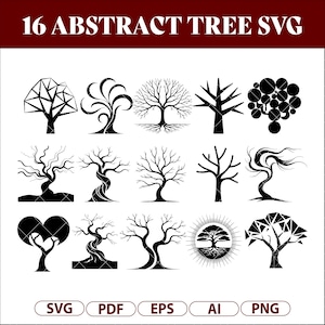 May include: A collection of 16 abstract tree designs in black. The trees vary in style, including geometric, swirling, and traditional forms. The text "16 ABSTRACT TREE SVG" is at the top, with file type options: SVG, PDF, EPS, AI, and PNG at the bottom.