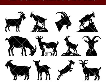 Paquete de siluetas de cabras, cabras en formato SVG y PNG, imágenes prediseñadas de animales de granja, cabra montesa en formato SVG vectorial para Cricut y corte láser.