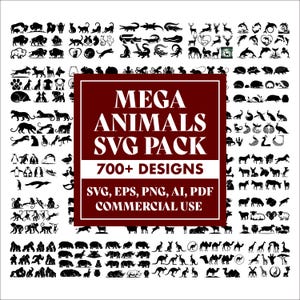 Bundel met meer dan 700 SVG-silhouetten van dieren, clipart van wilde dieren en boerderijdieren in PNG-formaat, enorm SVG-pakket met dieren, Cricut-snijbestanden, ontwerpen voor commercieel gebruik.