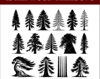 May include: Black and white illustrations of 15 redwood trees in various styles. The image includes the text "15 REDWOOD TREES SVG" at the top and file type options: SVG, PDF, EPS, AI, and PNG at the bottom.