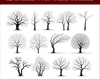 Bundle SVG arbre hiver nu, 13 arbres Silhouette PNG, Clipart arbre sans feuilles, art vectoriel forêt pour Cricut et décoration murale