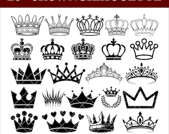 Puede incluir: Una colección de más de veinte siluetas de coronas negras en varios diseños. La imagen incluye coronas con púas, joyas y patrones intrincados. Los formatos de archivo incluyen SVG, PDF, EPS, AI y PNG.
