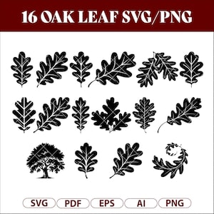 May include: A collection of 16 black oak leaf SVG and PNG files. The image features various stylized oak leaf designs, including individual leaves and a tree silhouette. The text "16 OAK LEAF SVG/PNG" is at the top, with file type abbreviations at the bottom.