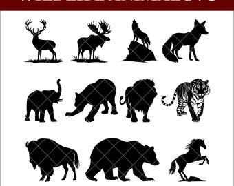 Wildlife Animal Silhouette Bundle SVG PNG, 20 Hunting Animals Cut Files, Deer Wolf Bear Eagle Fox Vector Cricut Designs for Shirts & Crafts