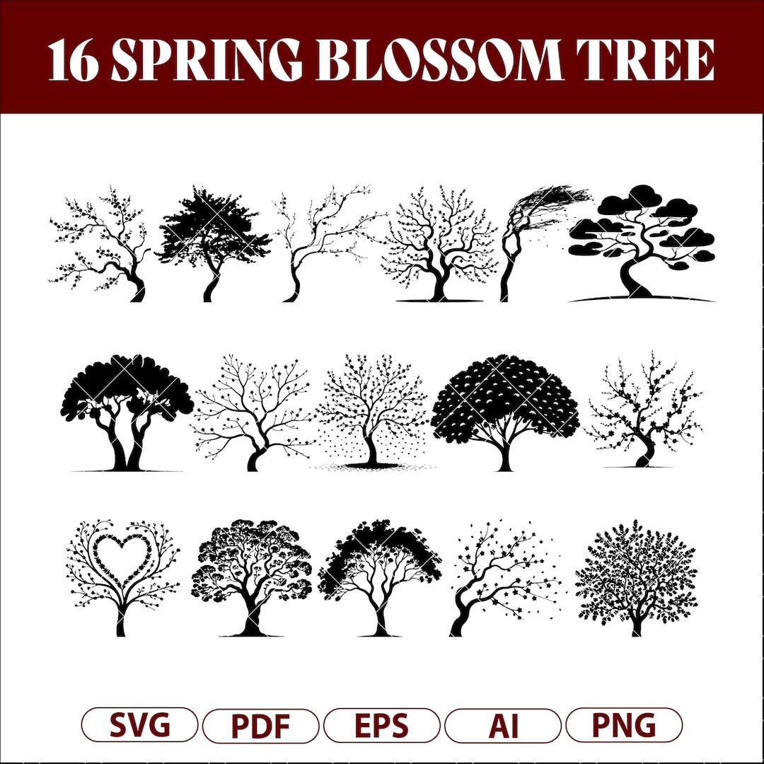 Tree Bloom Svg Spring Blossom Tree SVG Bundle, 16 Flowering Tree Silhouettes PNG ...