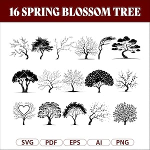 May include: A black and white graphic featuring 16 spring blossom tree designs. The text "16 SPRING BLOSSOM TREE" is at the top. Below are various tree illustrations, each with unique shapes and styles. At the bottom are file type icons: SVG, PDF, EPS, AI, and PNG.