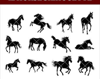 Horse Silhouette SVG PNG Bundle, 12 Black Horse Clipart, Farm Animal Cricut Cut Files for Shirts, Stickers & Western Decor