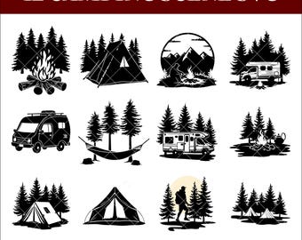 Camping Silhouette Clipart Bundle, Outdoor Adventure SVG PNG (Digital Download)