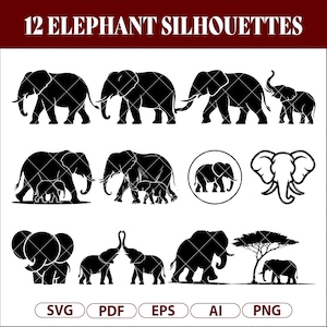 May include: A black and white graphic featuring 12 elephant silhouettes in different poses. The image includes elephants of various sizes, some with calves, and a circular design. Text at the top reads "12 ELEPHANT SILHOUETTES". Below are file type icons: SVG, PDF, EPS, AI, and PNG.