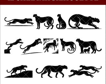 Bundle de guépard Silhouette SVG, guépard en cours d'exécution SVG, Clipart Animal sauvage, Safari chat Svg, guépard PNG, fichiers de coupe vectorielle pour Cricut