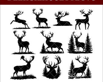 Deer Silhouette Bundle SVG PNG, 9 Black and White Deer Antlers Outlines, Wildlife Hunting Cricut Cut Files, Outdoor Animal Shirt Mug Decals