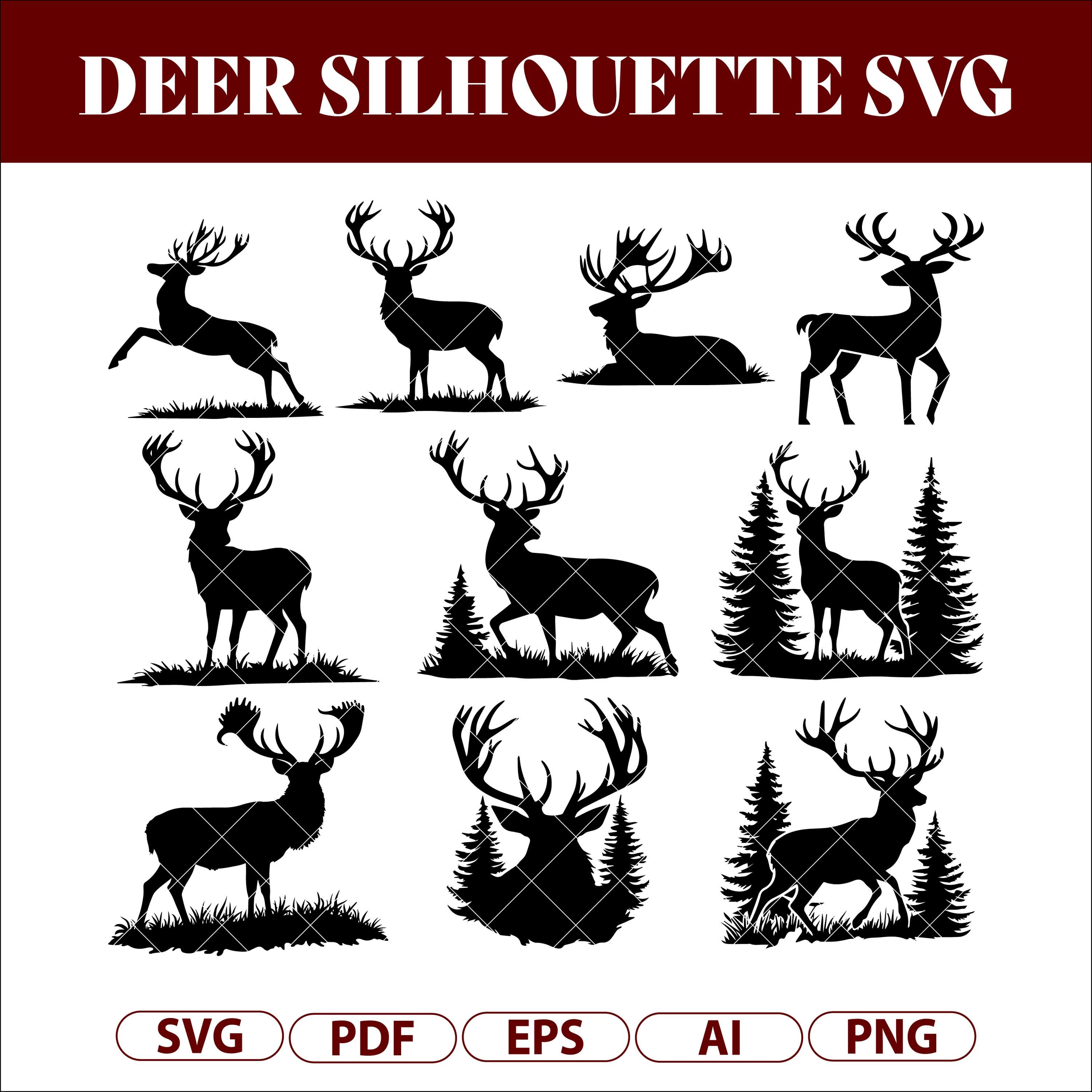 Outline File Rottan Deer Silhouette Bundle SVG PNG, 9 Black and White Deer Antlers Outlines ...