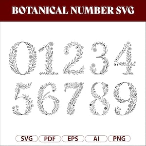 Può includere: Set di numeri botanici SVG in bianco e nero. Ogni numero da zero a nove è progettato con elementi floreali. L'immagine include anche le opzioni di tipo di file: SVG, PDF, EPS, AI e PNG.