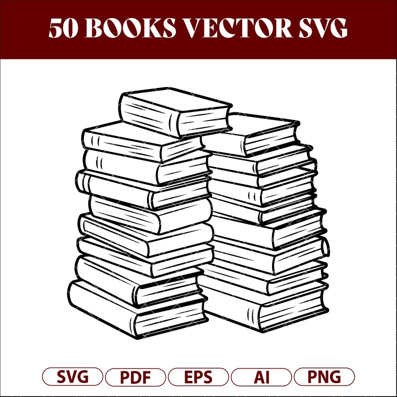 Book SVG Bundle, 50 Book Clipart Designs, Open & Stacked Books Line Art ...