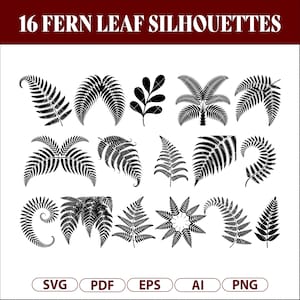 Puede incluir: Dieciséis siluetas negras de hojas de helecho de diferentes formas sobre un fondo blanco. El texto "16 FERN LEAF SILHOUETTES" está en la parte superior. Debajo están las opciones de tipo de archivo: SVG, PDF, EPS, AI y PNG.