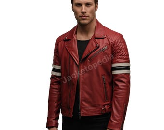 Men’s Red Leather Biker Jacket – Quilted Cafe Racer Moto Style with Striped Sleeves