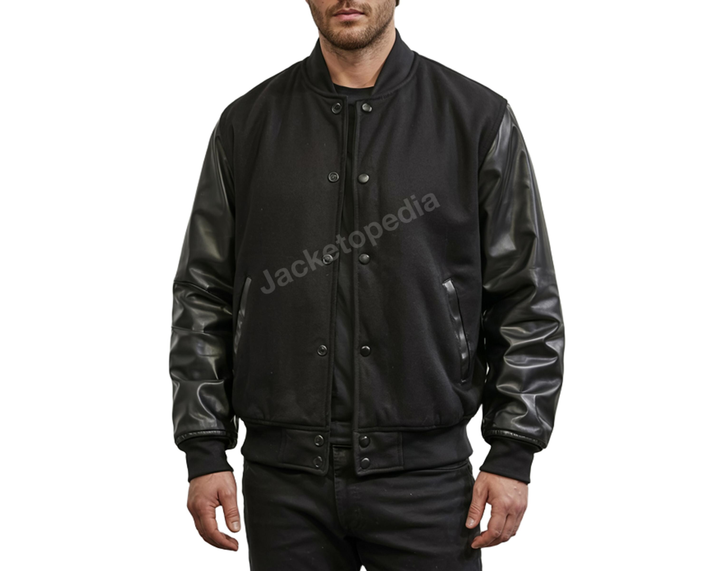 Men's Black Wool Varsity Jacket: Real Leather Sleeves, Classic