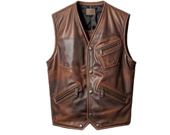Men's Brown Leather Vest - Distressed Biker Vest with Zipper Pockets