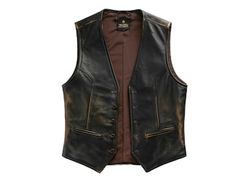 Men's Black Leather Vest - Distressed Button-Up Motorcycle Vest