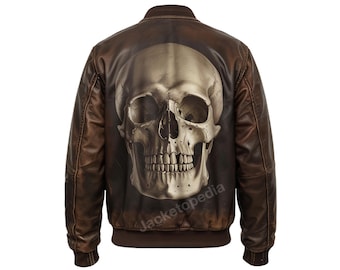 Men's Real Cow Leather Brown Distressed Skull Biker Motorcycle