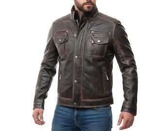 Mens Vintage Distressed Cafe Racer Leather Jacket — Faded Seams, Brown Genuine Leather Moto Biker