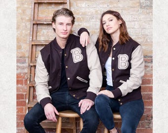 Hotline Miami Varsity Jacket – Brown Wool Letterman Bomber with “B” Patch | Racing Retro Streetwear