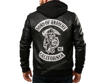 Handmade Sons of Anarchy Leather Biker Jacket: Reaper Patch Hooded Bomber
