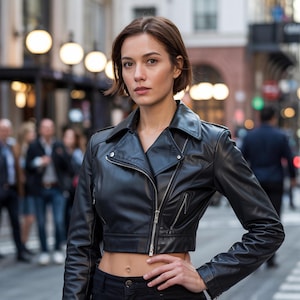 Damen schwarze Leder Motorradjacke - Kurz geschnittene Bikerjacke