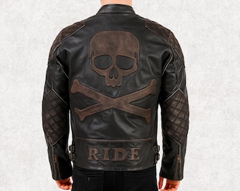 Distressed Black Leather Skull Motorcycle Jacket: Gothic Biker Coat