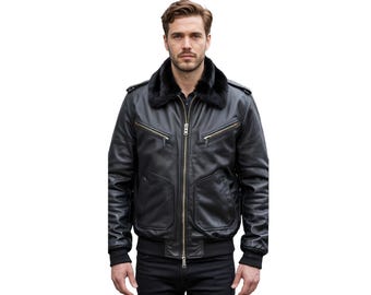 Men's Black Leather Bomber Jacket - Shearling Collar Zipper Jacket