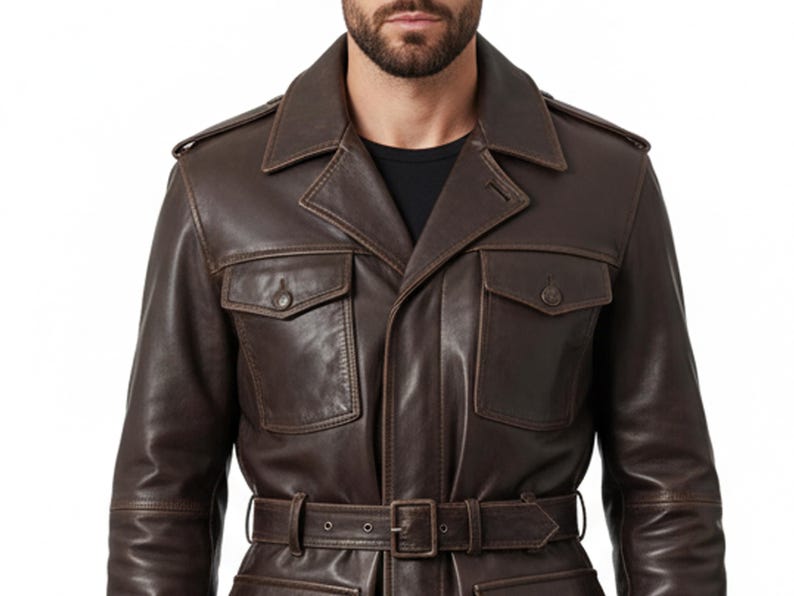 May include: A brown leather jacket with a belted waist and two front pockets. The jacket has a classic design with a collared neckline and shoulder epaulets. The leather appears to have a distressed finish.