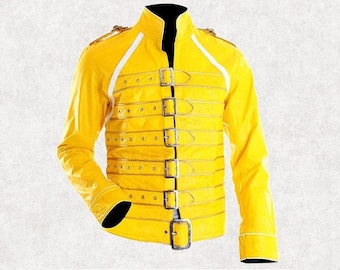Freddie Mercury Wembley Jacket – Queen Concert Yellow Belted Leather Cosplay, Rockstar Costume (Unisex)
