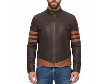 X-Men Origins Wolverine Leather Jacket — Hugh Jackman Logan Biker Coat (Brown Stripes)