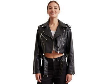 Black Faux Leather Cropped Moto Jacket: Belted Waist, Silver Zippers