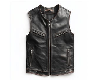 Men's Black Leather Vest Biker Sleeveless Jacket with Pockets
