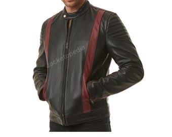Men's Black & Maroon Leather Biker Jacket: Slim Fit Moto Outerwear