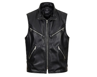 Men's Black Leather Vest - Stylish Motorcycle Biker Vest with Zipper Pockets