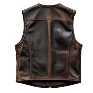 May include: A brown leather vest with a zipper closure. The vest has a distressed look and is made of high-quality leather.