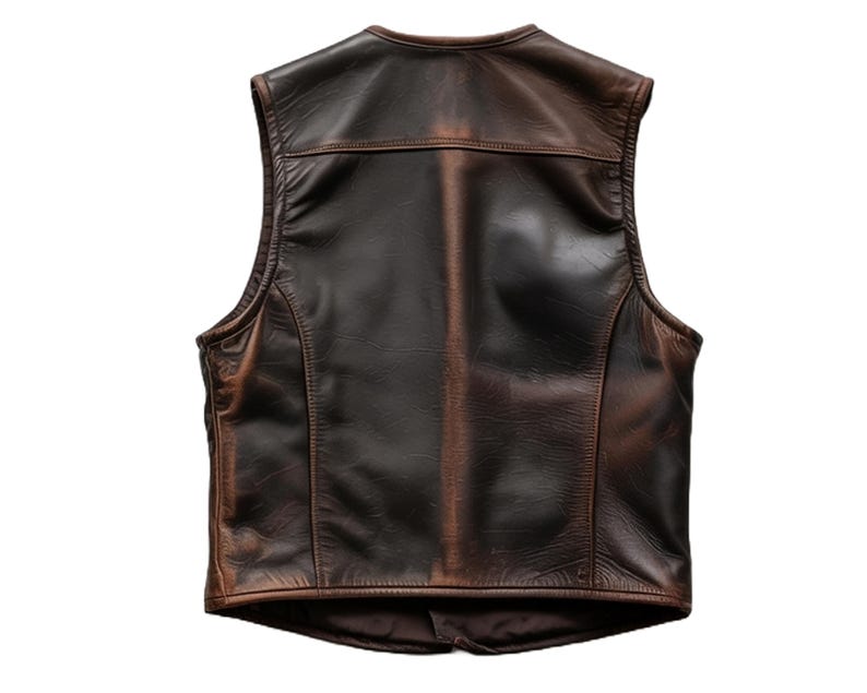 May include: A brown leather vest with a zipper closure. The vest has a distressed look and is made of high-quality leather.