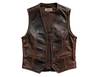Men's Distressed Brown Leather Motorcycle Vest - Button-Up Vintage Style
