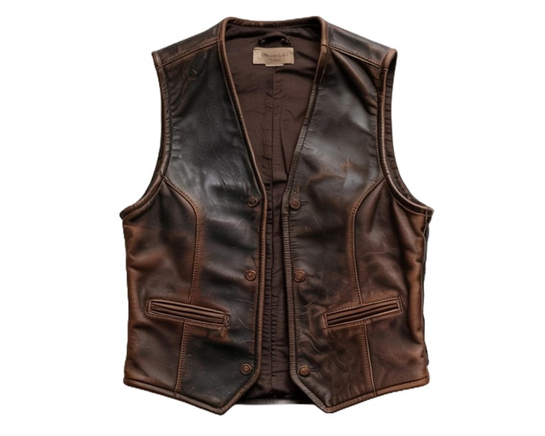 May include: A brown leather vest with a button-up front and two pockets. The vest has a distressed look and is made of a soft, supple leather.
