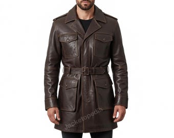 Vintage Brown Leather Safari Jacket – Men's Belted Field Coat
