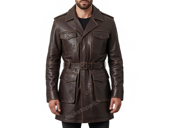 Vintage Brown Leather Safari Jacket – Men's Belted Field Coat