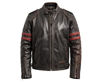 Men's Real Leather Biker Jacket with Red Stripes | Vintage Distressed Motorcycle Jacket