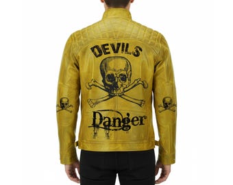 Men’s Yellow Skull Leather Jacket — Vintage Distressed Biker Motorcycle Jacket | Handmade Devil Riding Leather
