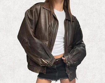 Vintage Braune Oversized Lederjacke für Frauen - Baggy Loose-Fit 90er Jahre Boyfriend Bomber, Distressed Streetwear