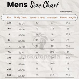 May include: Size chart for jackets and shirts, showing measurements in inches for body chest, jacket chest, shoulder, and sleeve length. Sizes range from 2XS to 5XL.